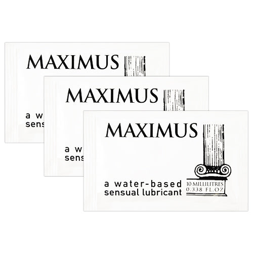 Maximus Lube 3x10ml packaging featuring a sleek design, highlighting its water-based formula and key benefits for intimate use.