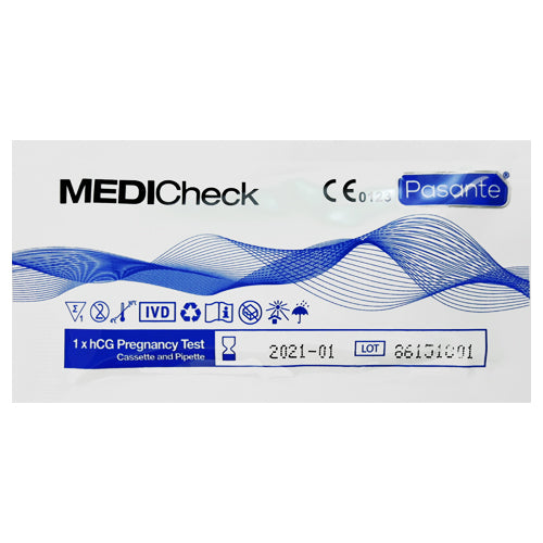 Pasante MEDICheck Pregnancy Test Cassette and Pipette with packaging, showcasing the test components.