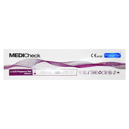 Pasante MEDICheck Pregnancy Test Midstream, a hygienic and easy-to-use test stick for detecting pregnancy hormone hCG in urine.