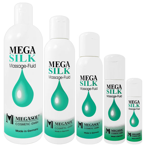 Megasilk Massage-Fluid bottle with a sleek design, showcasing its silicone-based formula for smooth massages.