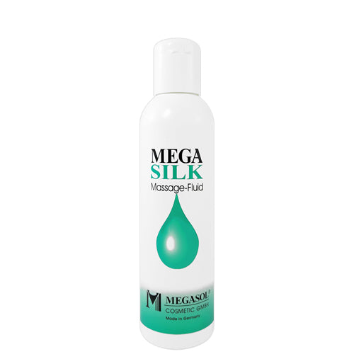 Megasilk Massage-Fluid bottle with a sleek design, showcasing its silicone-based formula for smooth massages.