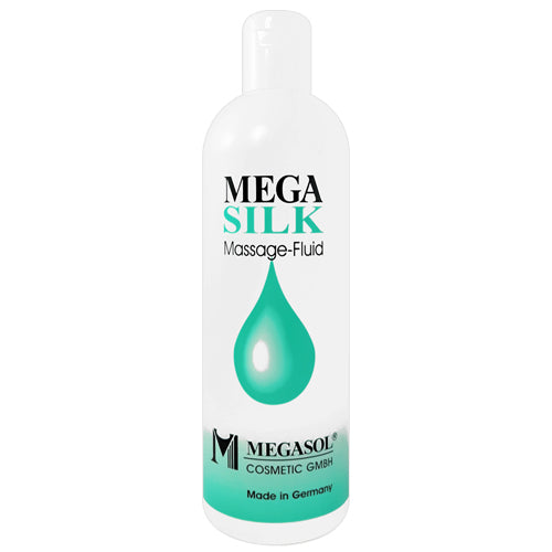 Megasilk Massage-Fluid bottle with a sleek design, showcasing its silicone-based formula for smooth massages.