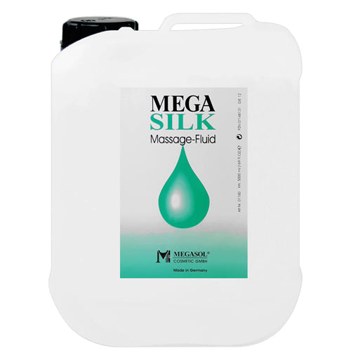 Megasilk Massage-Fluid bottle with a sleek design, showcasing its silicone-based formula for smooth massages.