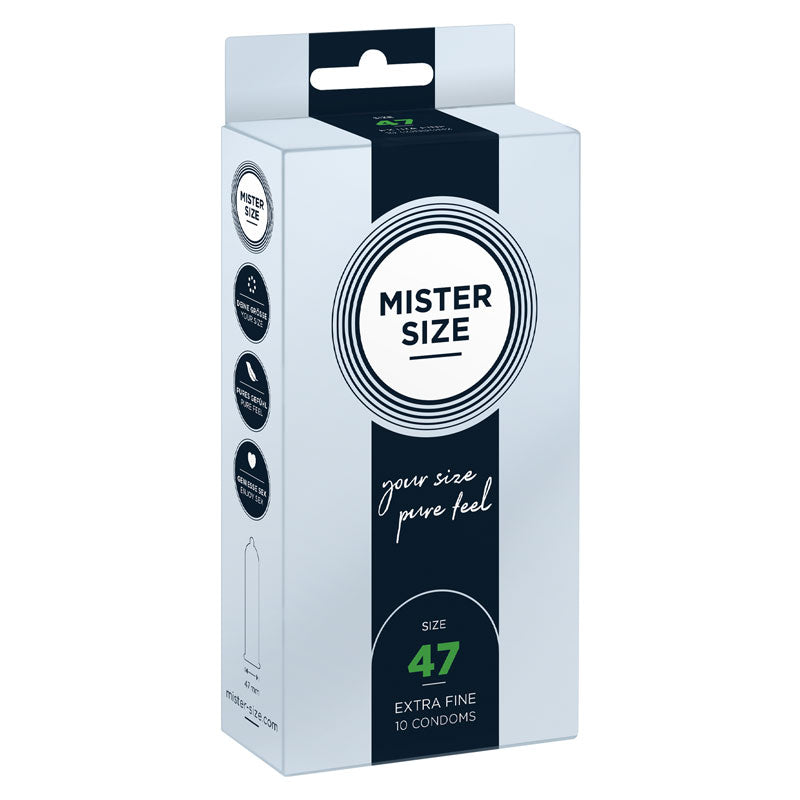 Mister Size 47mm condoms in a box of 10, designed for a snug fit and maximum sensitivity.