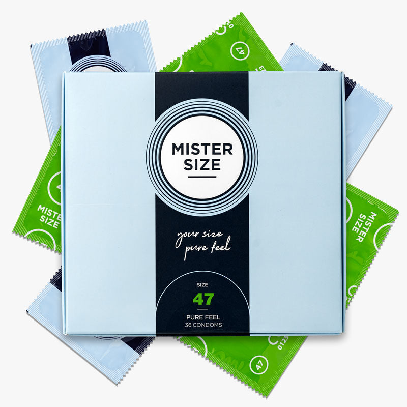 Mister Size 47mm condoms in a box, showcasing their ultra-thin design and snug fit for enhanced sensitivity.