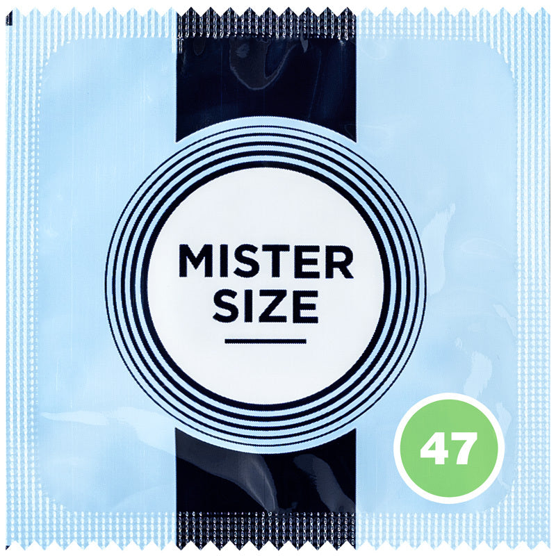 Mister Size 47mm condom package showcasing its ultra-thin design and snug fit for slim penises.