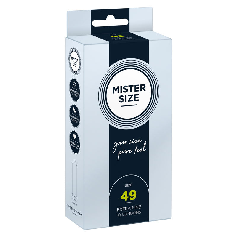 Mister Size 49mm condom box containing 10 ultra-thin condoms designed for a snug fit and enhanced sensitivity.