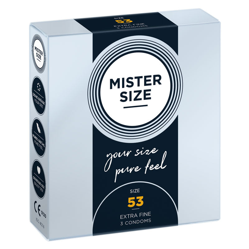 Mister Size 53mm condoms in a sleek box of 3, showcasing their ultra-thin design and perfect fit for enhanced pleasure.