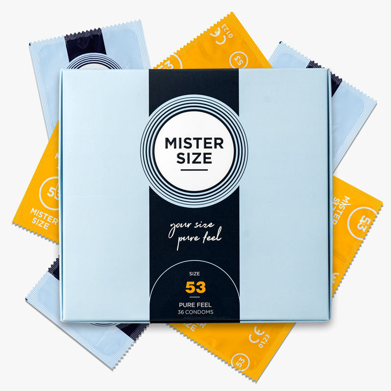 Mister Size 53mm condoms in a box of 36, showcasing their ultra-thin design and packaging.