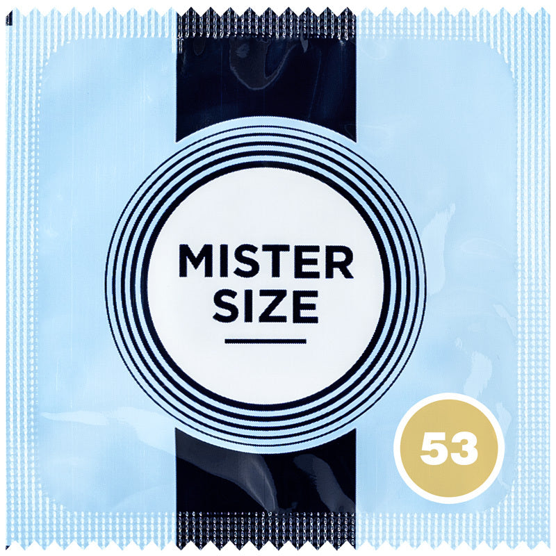 Mister Size 53mm condom package showcasing its sleek design and branding.