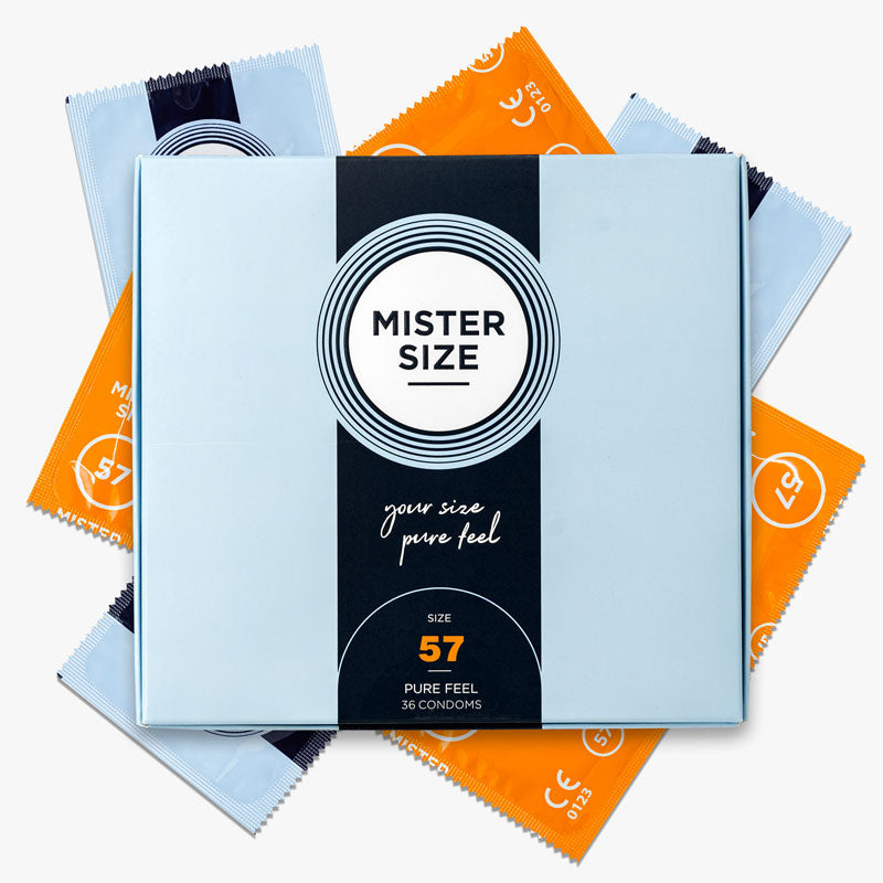 Mister Size 57mm condoms in a box of 36, featuring a transparent design and ultra-thin texture for enhanced comfort.