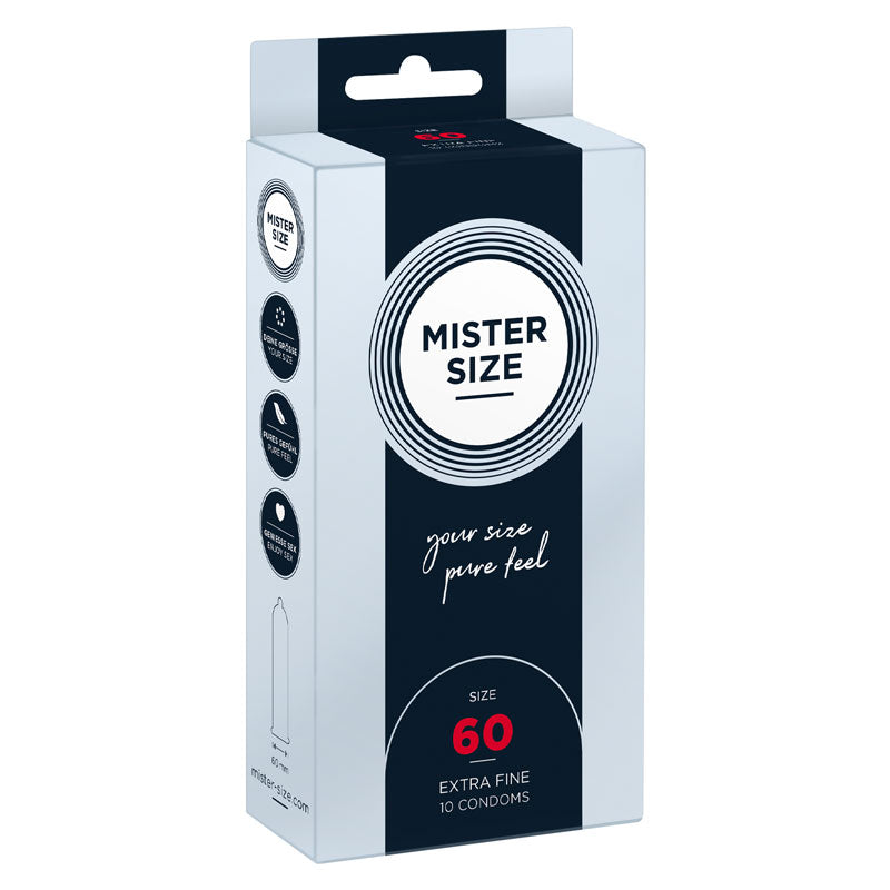 Mister Size 60mm condoms in a box, designed for larger sizes, featuring ultra-thin and smooth texture for enhanced pleasure.