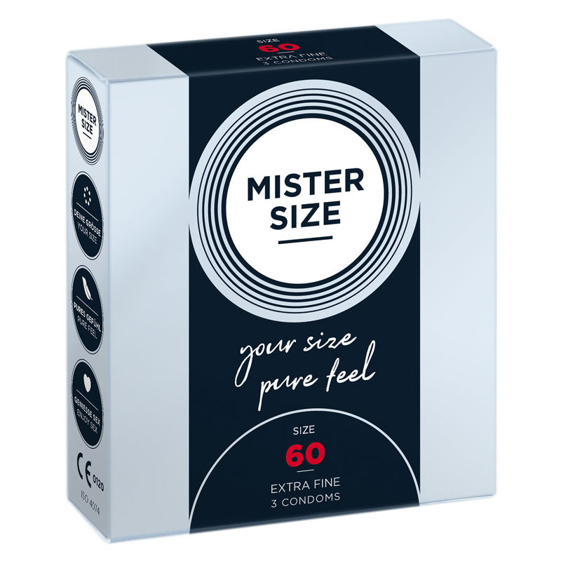 Mister Size 60mm condoms in a sleek box, showcasing their ultra-thin design and wider fit for enhanced comfort.