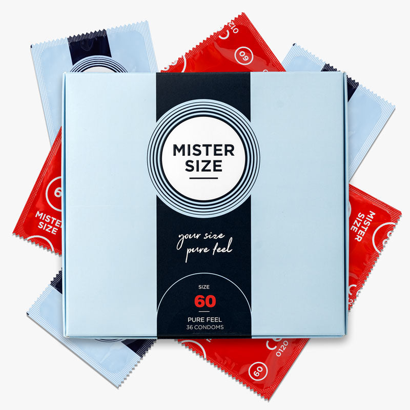 Mister Size 60mm condoms in a 36-pack, designed for larger sizes, featuring ultra-thin natural rubber latex for enhanced pleasure.