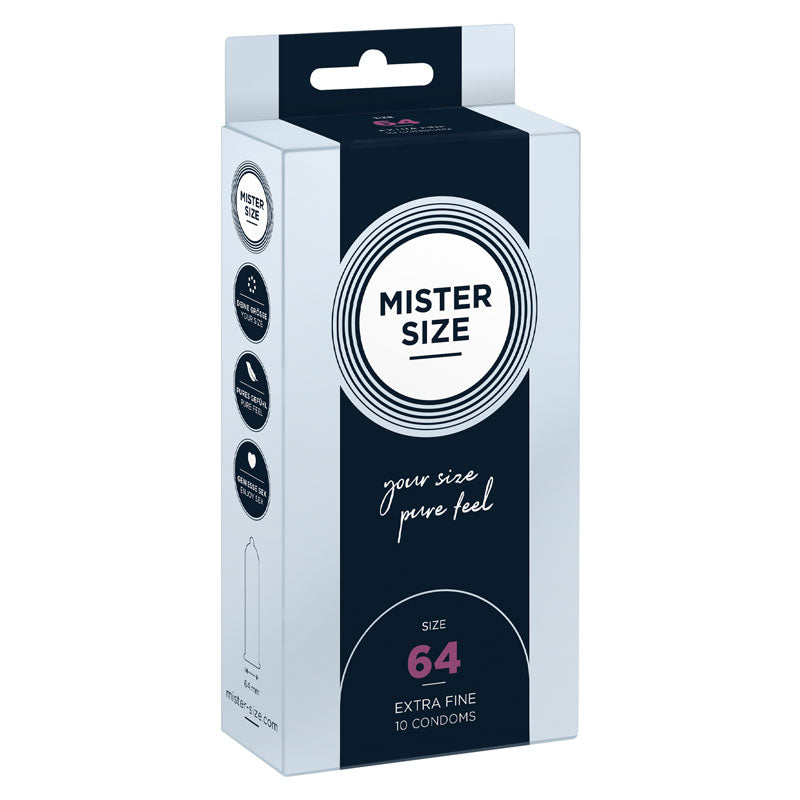 Mister Size 64mm condoms in a box of 10, designed for larger sizes, featuring smooth natural rubber latex for enhanced sensitivity.