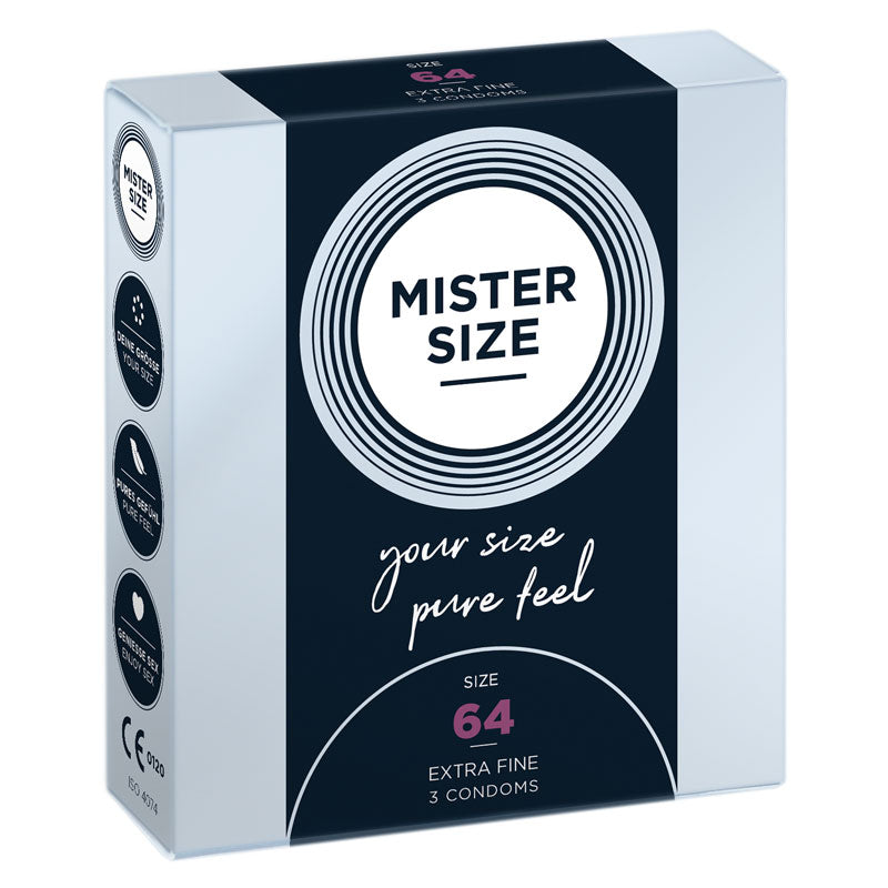 Mister Size 64mm Box of 3 condoms, designed for larger sizes, featuring ultra-thin natural rubber latex for enhanced pleasure.