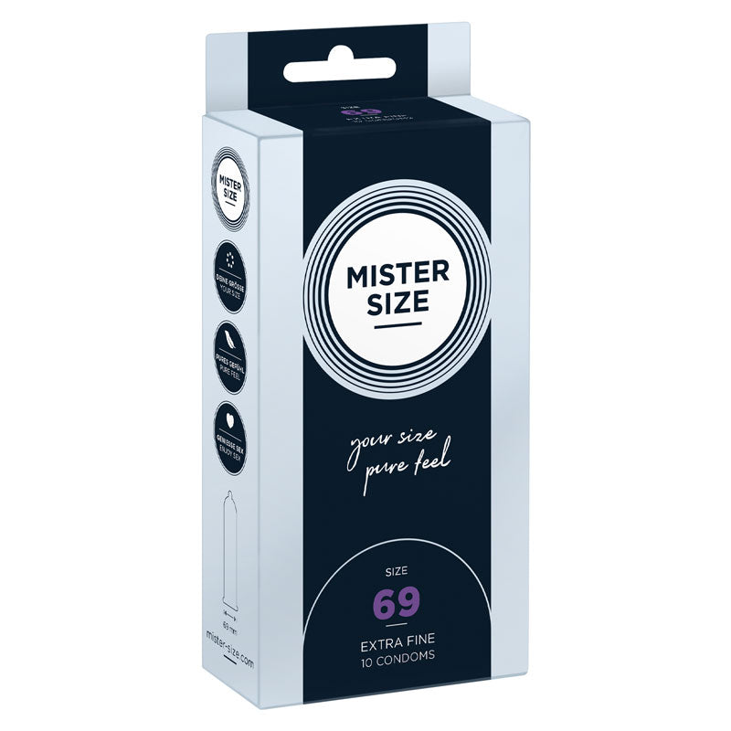 Mister Size 69mm condoms in a sleek box, showcasing the product's branding and size specifications.