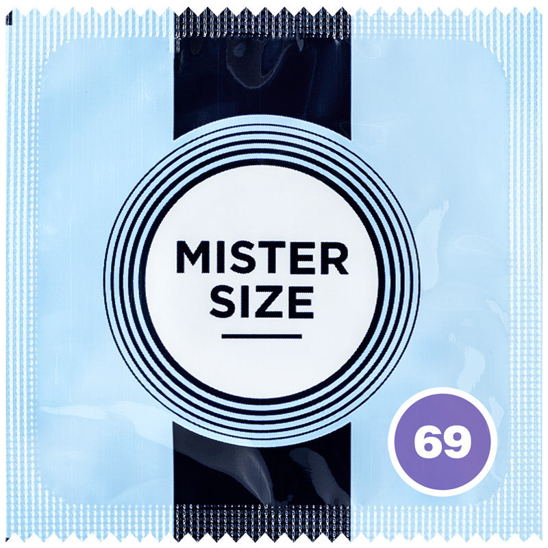 Mister Size 69mm condom, the largest condom designed for comfort and pleasure, featuring ultra-thin walls and natural rubber latex.