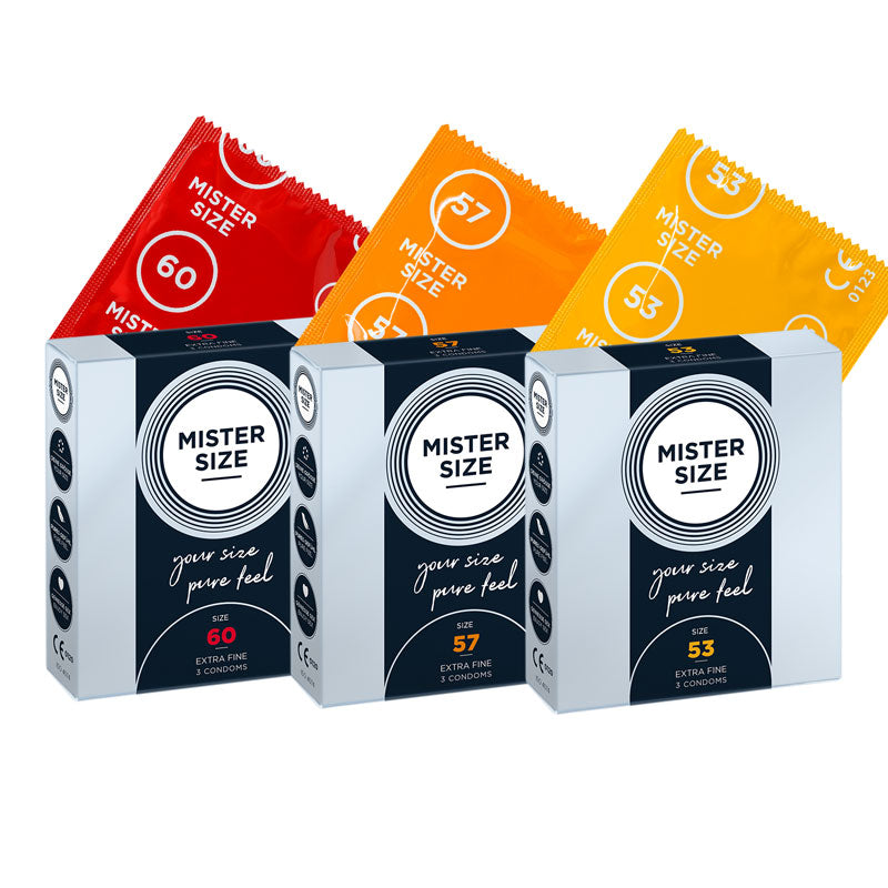 Mister Size Regular Condoms Sampler pack featuring three boxes with different sizes for optimal fit and comfort.