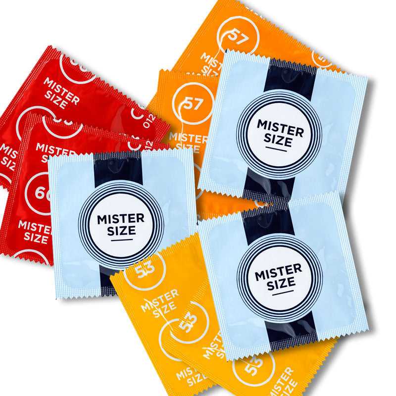 Mister Size Regular Condoms Sampler pack featuring three boxes with different sizes for optimal fit and comfort.