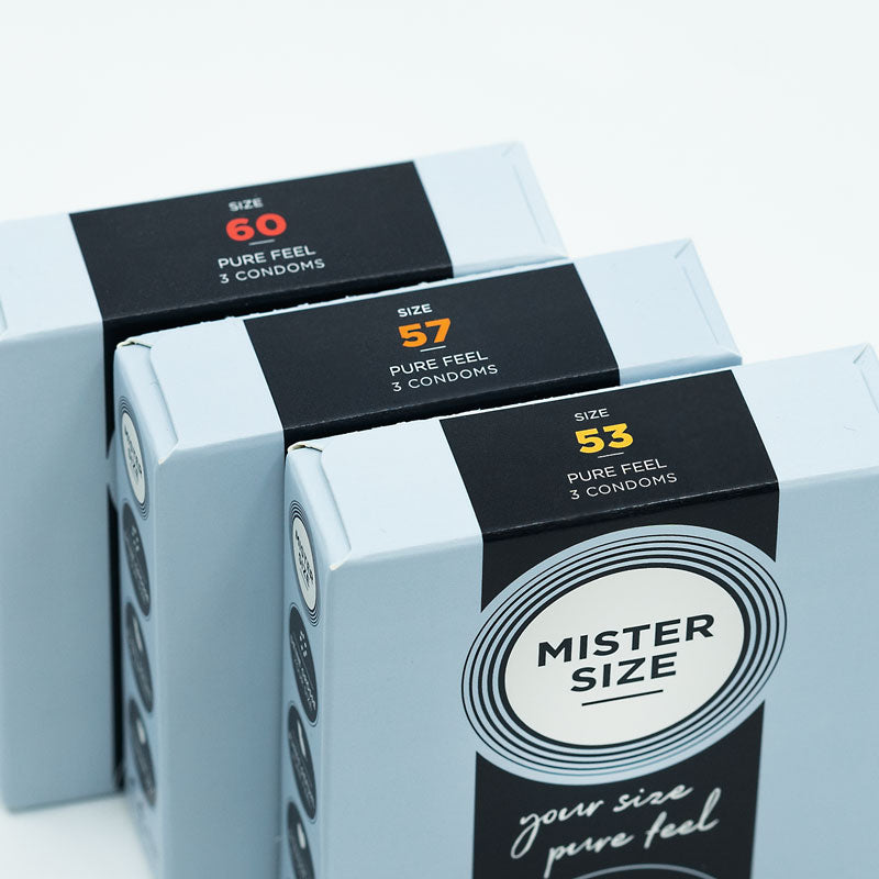 Mister Size Regular Condoms Sampler pack featuring three boxes with different sizes for optimal fit and comfort.