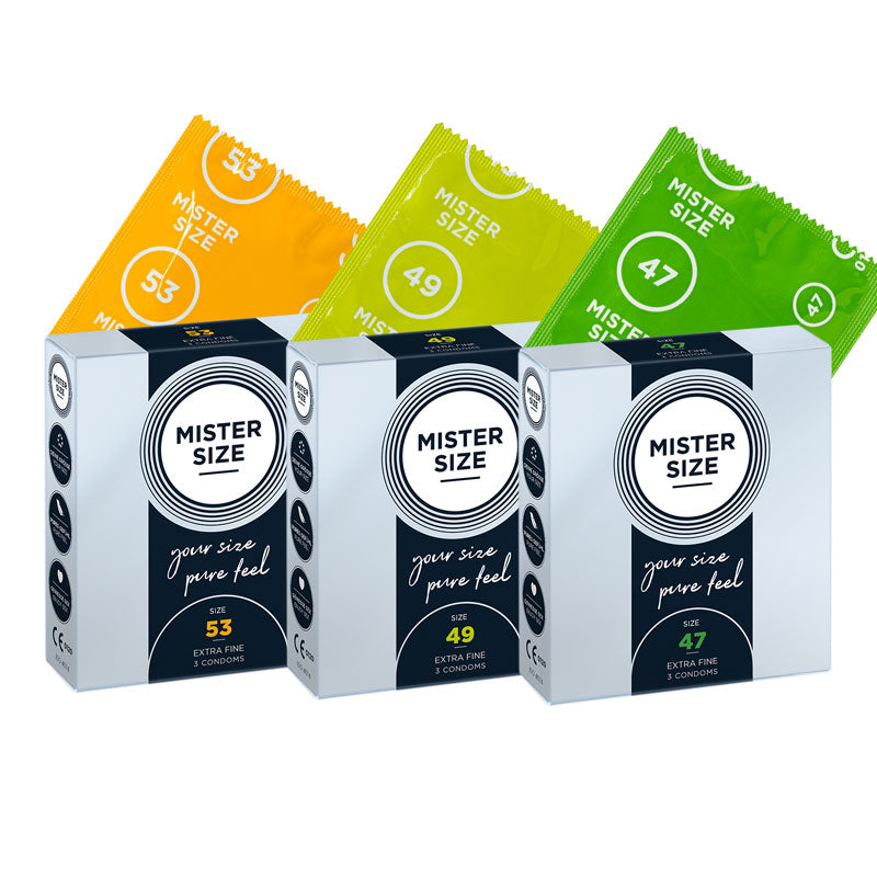 Mister Size snug condoms sampler pack featuring three boxes with varying widths of condoms for a tailored fit.