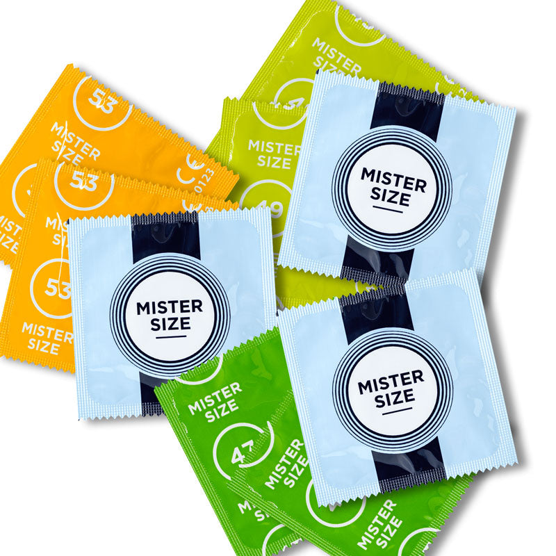 Mister Size snug condoms sampler pack featuring three boxes with varying widths of condoms for a tailored fit.