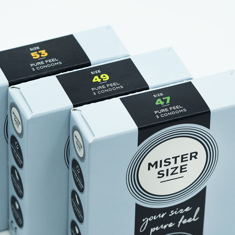 Mister Size snug condoms sampler pack featuring three boxes with varying widths of condoms for a tailored fit.