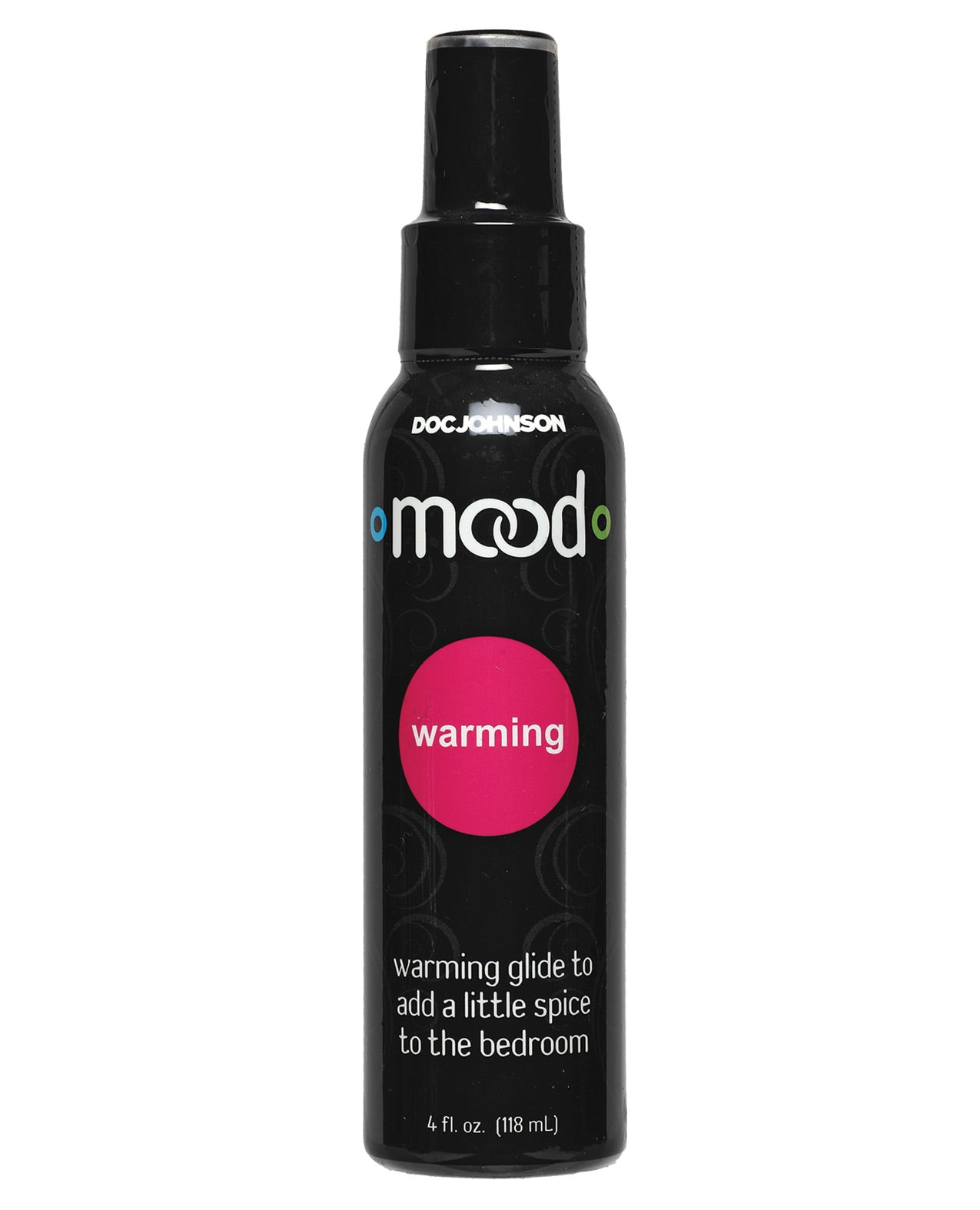 A 4 fl oz bottle of Mood Lube Warming, featuring a sleek design and label indicating its warming properties for enhanced intimacy.