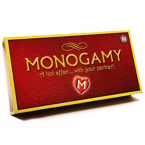 Monogamy Adult Couples Board Game featuring a colorful game board, challenge cards, dice, and playing pieces designed for enhancing intimacy.