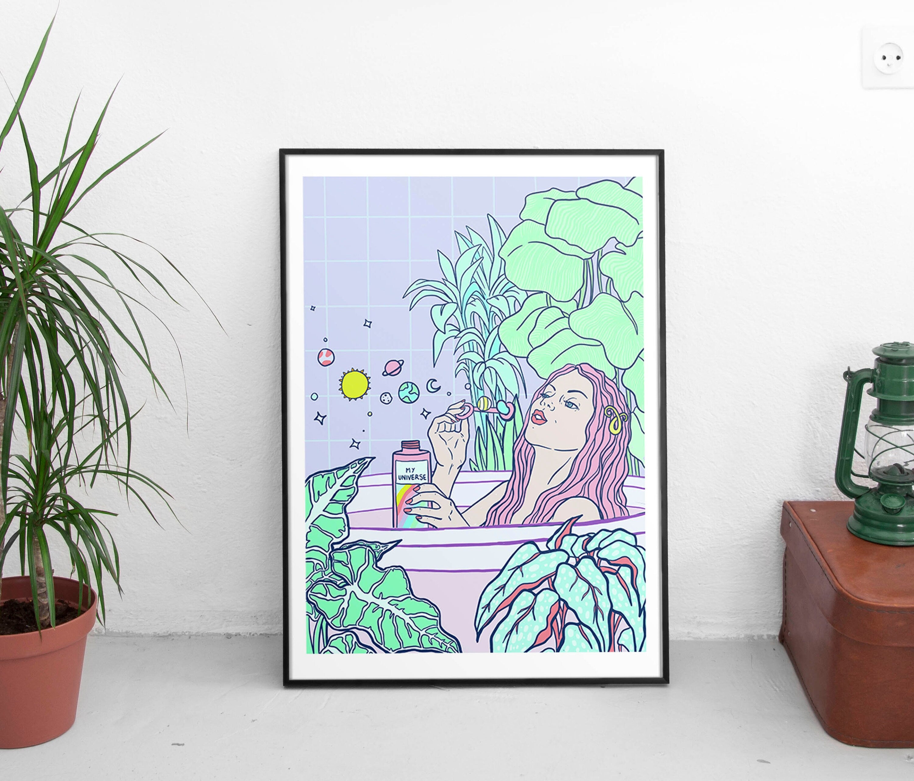 My Universe fine art print showcasing self-care and womanhood, featuring vibrant colors and a white margin with a handwritten signature.