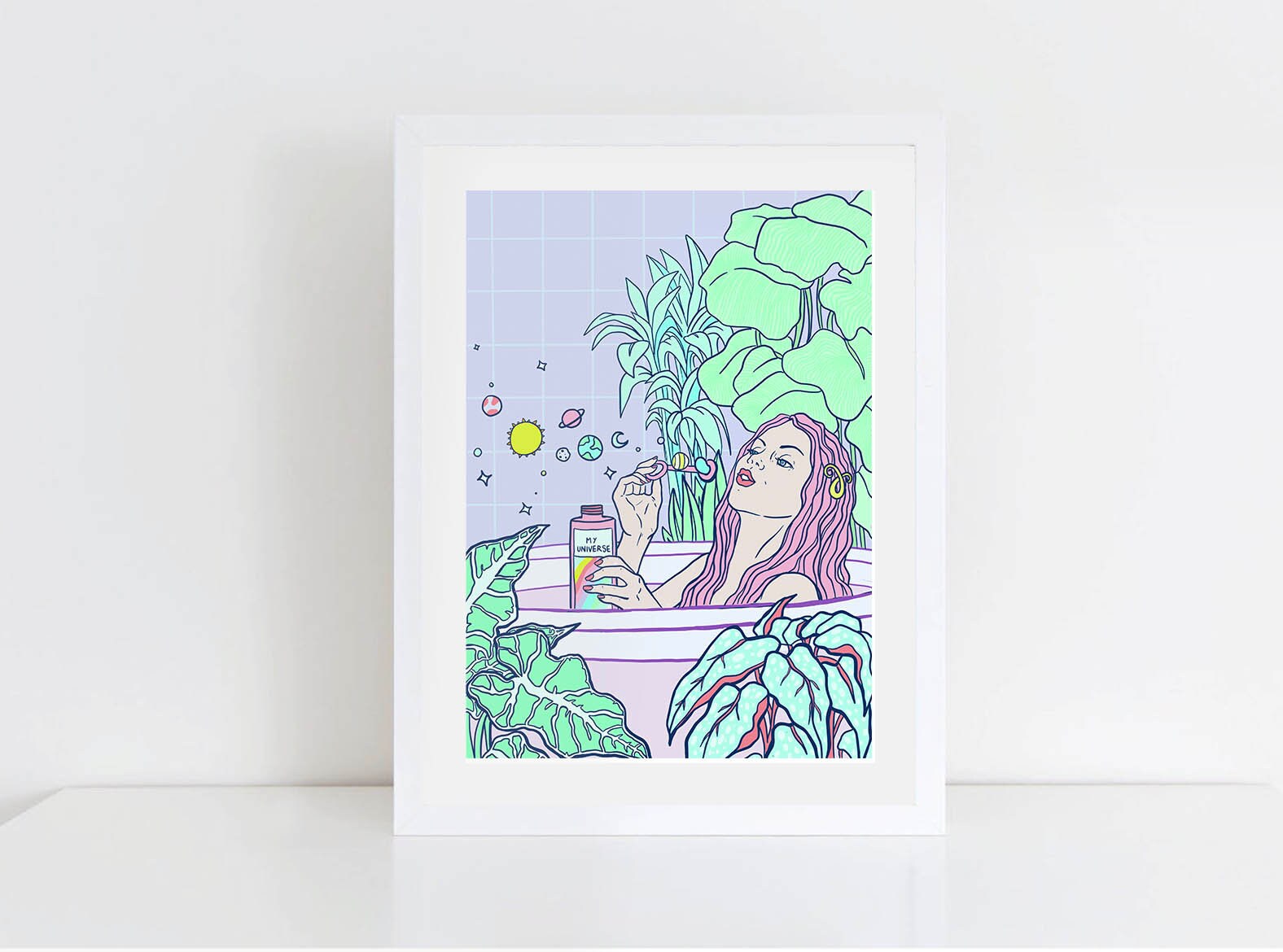 My Universe fine art print showcasing self-care and womanhood, featuring vibrant colors and a white margin with a handwritten signature.