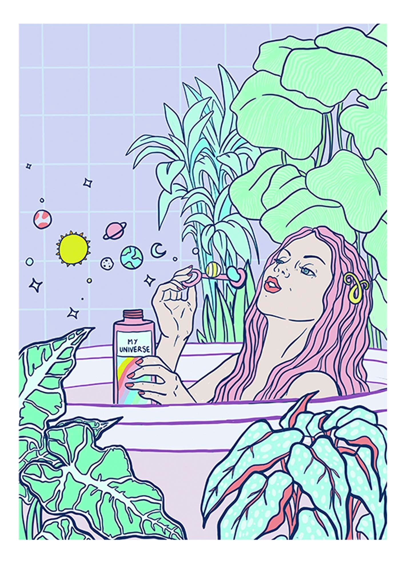 My Universe fine art print showcasing self-care and womanhood, featuring vibrant colors and a white margin with a handwritten signature.