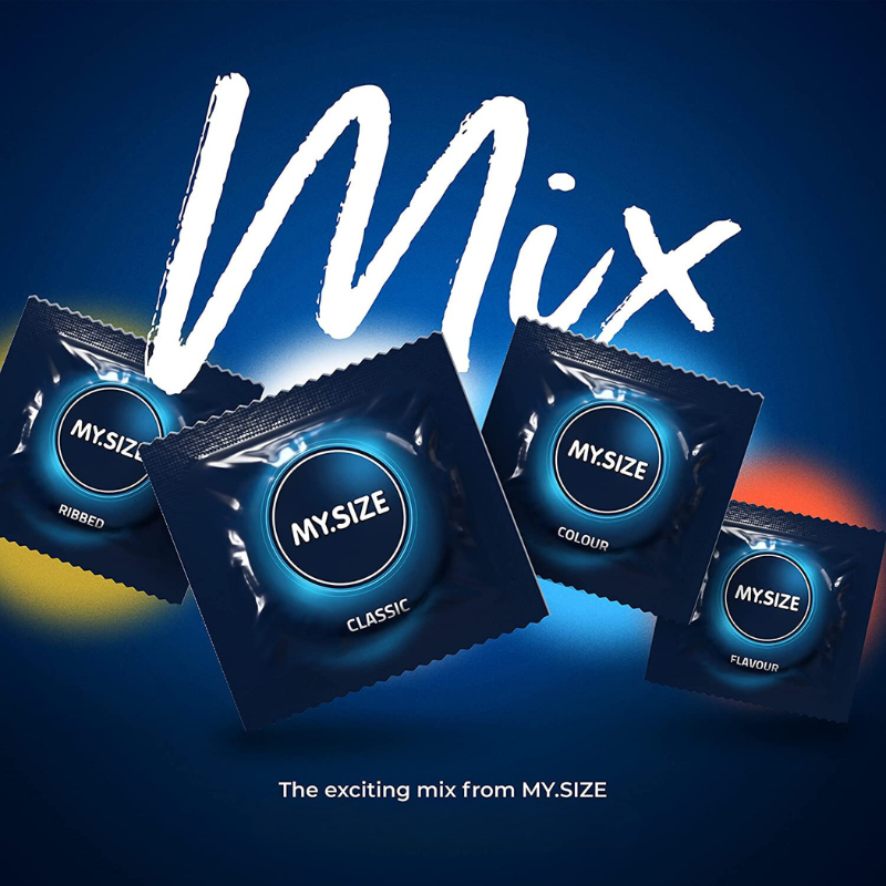 MY.SIZE 49mm Mix Box 28 featuring assorted condoms including classic, ribbed, blue-colored, and strawberry-flavored options.