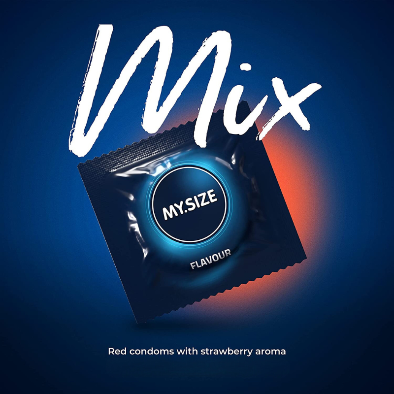 MY.SIZE 49mm Mix Box 28 featuring assorted condoms including classic, ribbed, blue-colored, and strawberry-flavored options.