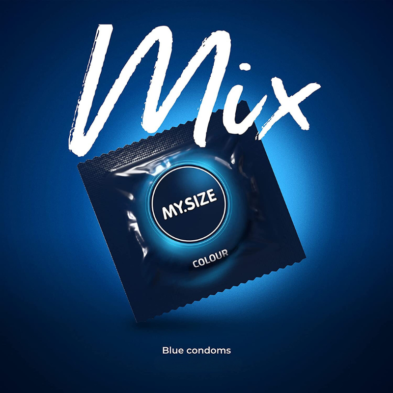 MY.SIZE 49mm Mix Box 28 featuring assorted condoms including classic, ribbed, blue-colored, and strawberry-flavored options.