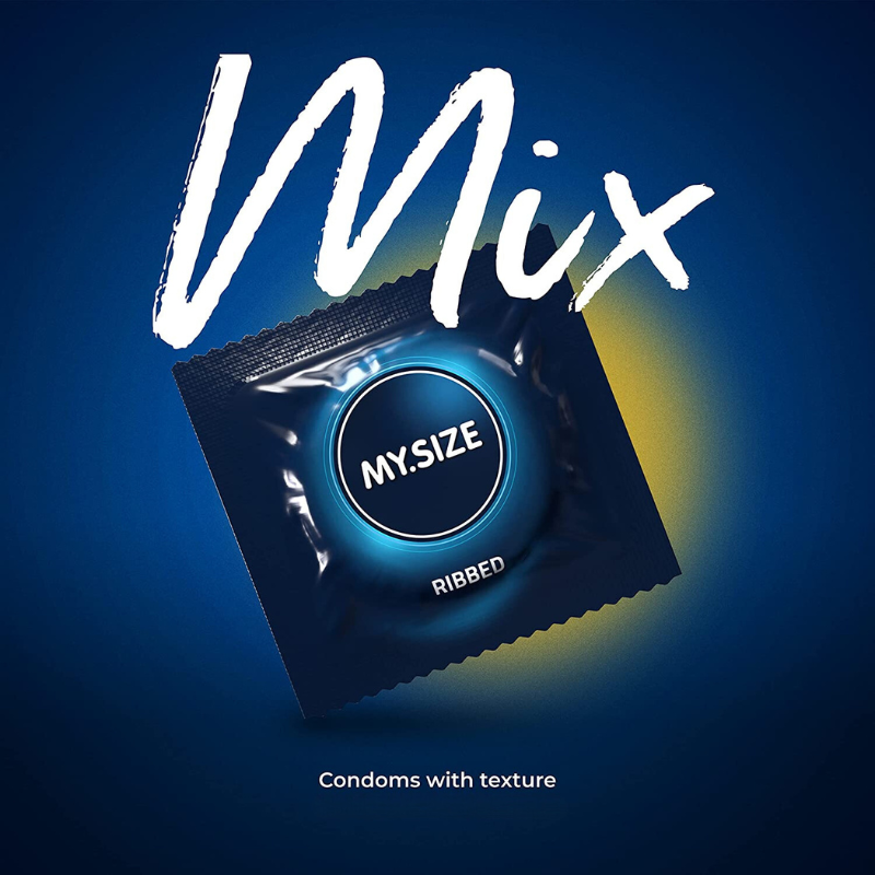 MY.SIZE 49mm Mix Box 28 featuring assorted condoms including classic, ribbed, blue-colored, and strawberry-flavored options.