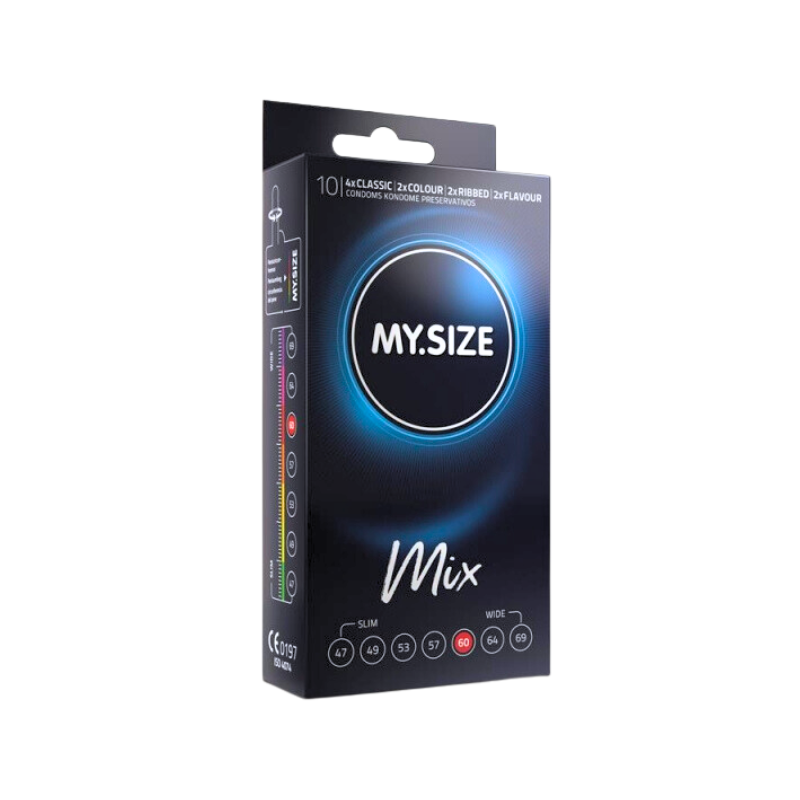 MY.SIZE 60mm Mix Box 10 featuring wider fit condoms in various styles including classic, ribbed, and strawberry flavored.