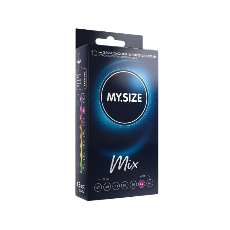 MY.SIZE 64mm Mix Box 10 featuring various super large condoms in different textures and flavors, including classic, colored, ribbed, and strawberry-flavored.