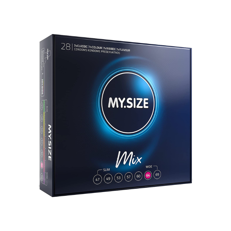 MY.SIZE 64mm Mix Box 28 featuring super large condoms in various types including classic, flavored, and ribbed.