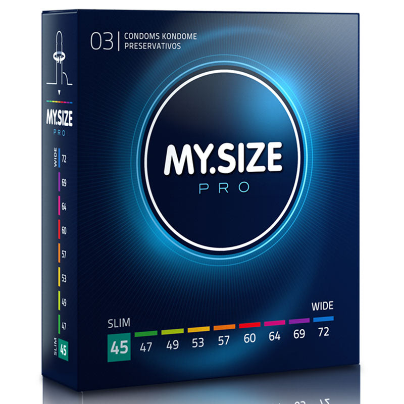 MY.SIZE PRO 45mm Box 3 condoms, featuring a clear design and natural rubber latex material, ideal for smaller sizes.