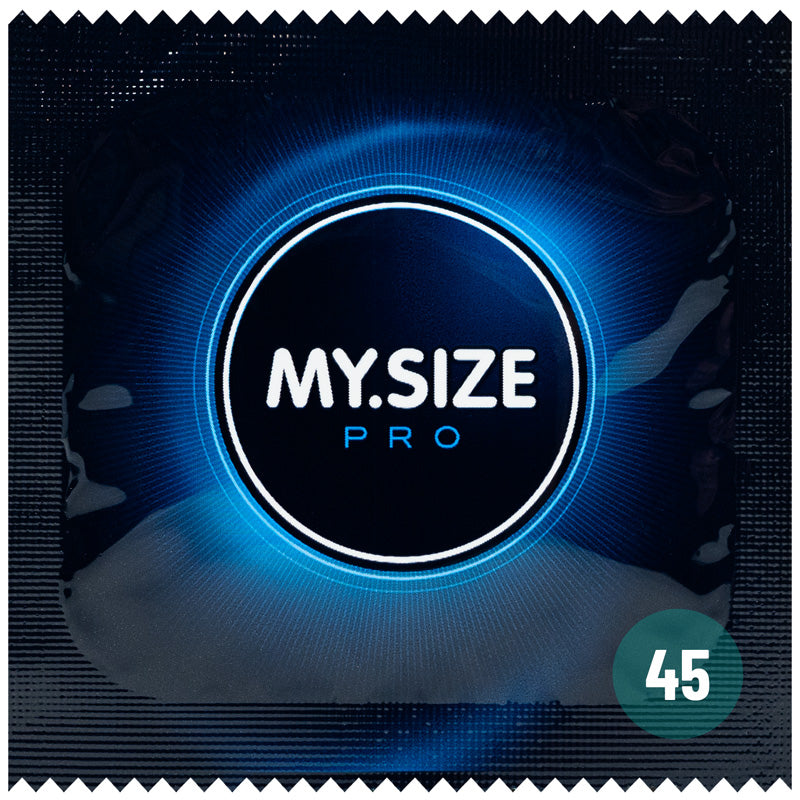 MY.SIZE PRO 45mm Box 3 condoms, featuring a clear design and natural rubber latex material, ideal for smaller sizes.