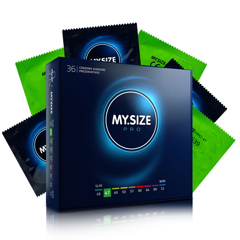 MY.SIZE PRO 47mm condoms in a box, showcasing their transparent, straight-sided design and natural rubber latex material.