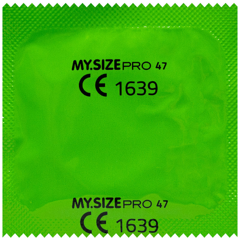 MY.SIZE PRO 47mm condoms in a box, showcasing their transparent, straight-sided design and natural rubber latex material.