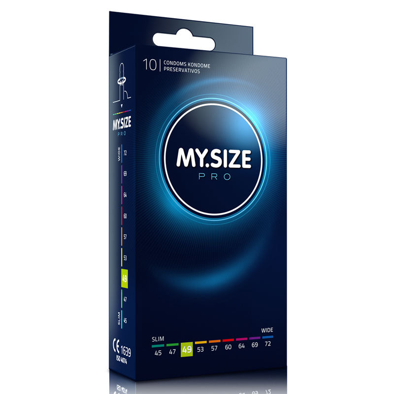 MY.SIZE PRO 49mm condom box featuring a sleek design, showcasing the product's size and branding.