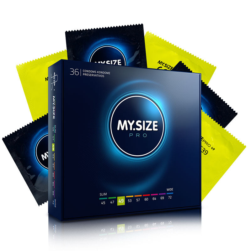 MY.SIZE PRO 49mm condoms in a box of 36, featuring transparent natural rubber latex design for a snug fit.