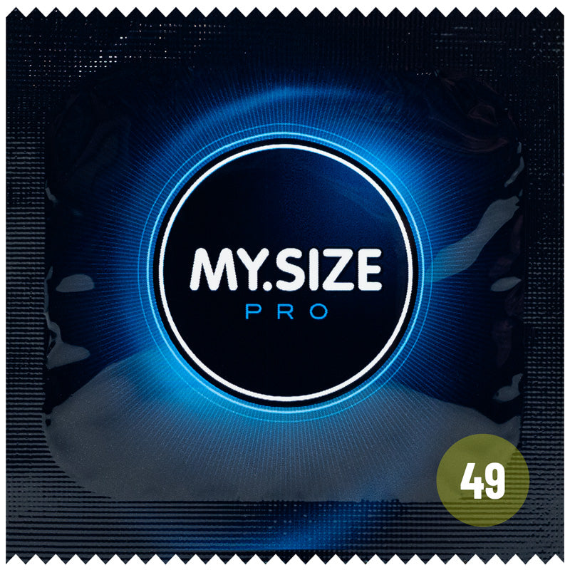 MY.SIZE PRO 49mm condoms in a box of 36, featuring transparent natural rubber latex design for a snug fit.