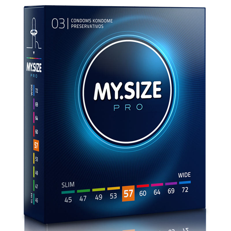 MY.SIZE PRO 57mm Box 3 condoms, transparent natural rubber latex, smooth texture, securely packaged.