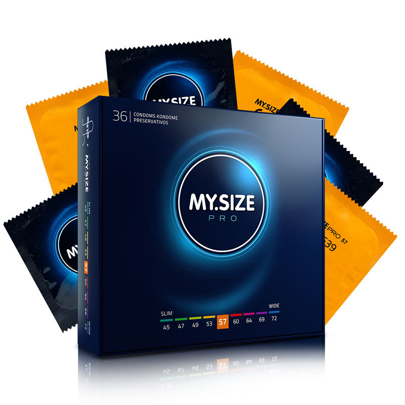 MY.SIZE PRO 57mm condoms in a box, showcasing their transparent design and packaging, ideal for a comfortable fit.