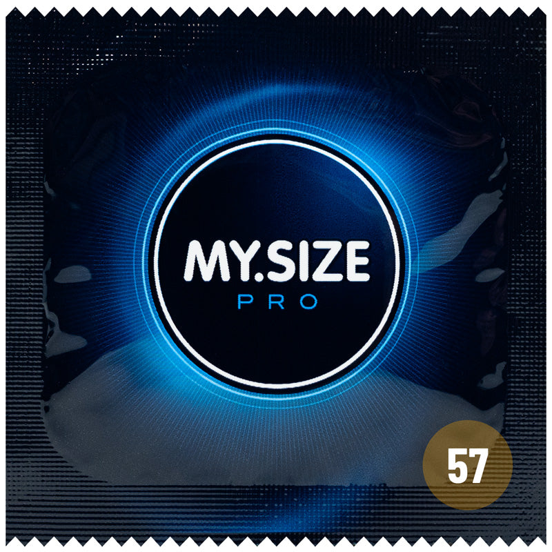 MY.SIZE PRO 57mm condoms in a box, showcasing their transparent design and packaging, ideal for a comfortable fit.